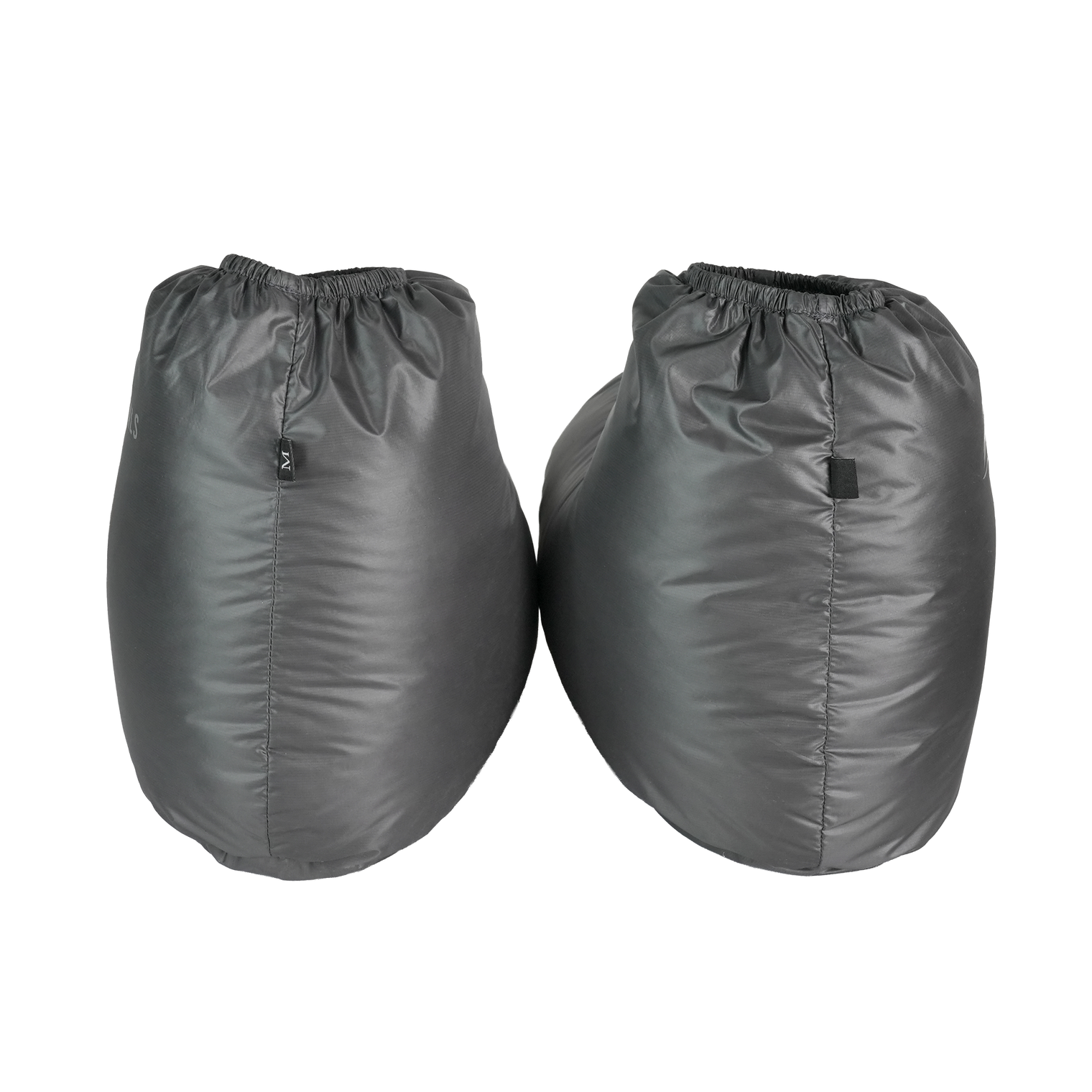 Pair of ultralight down booties rear view showing heel shape and insulation loft