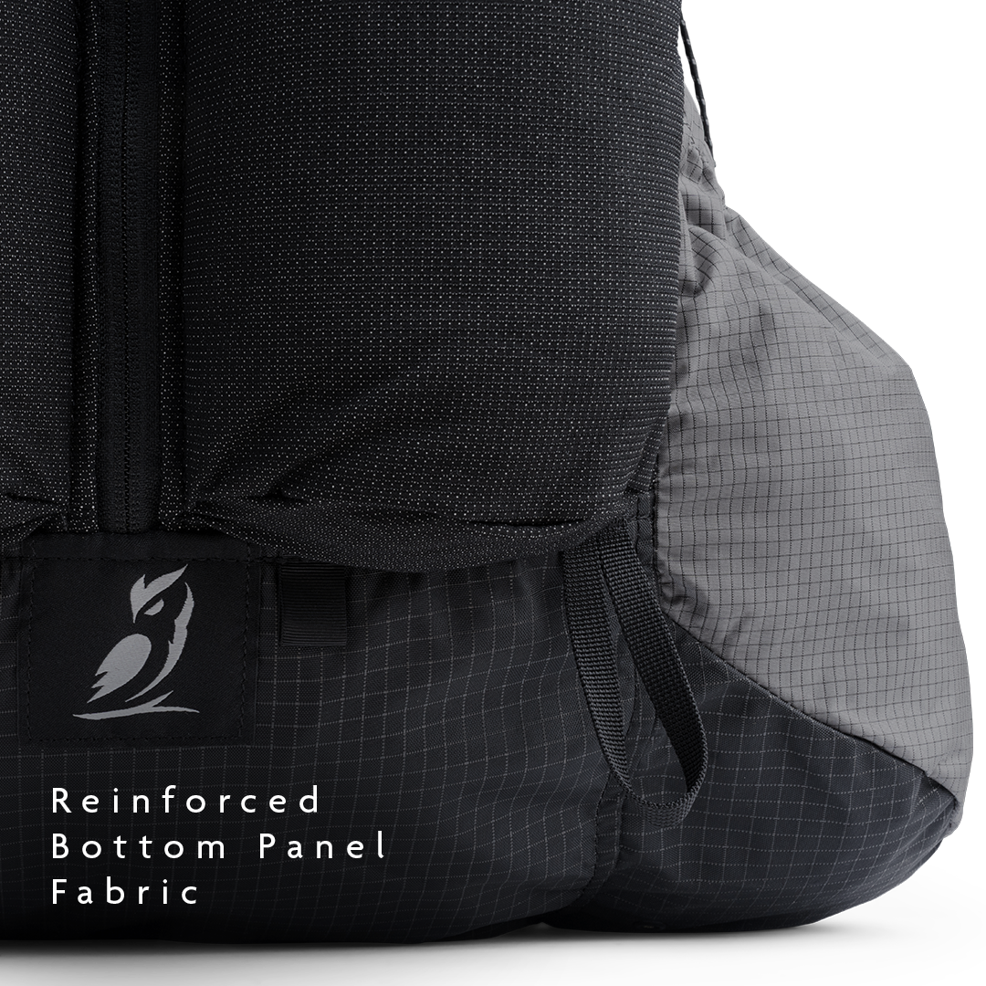 Close-up of the Shadowlight 60 backpack’s bottom panel, showing durable reinforced fabric with Outdoor Vitals logo.
