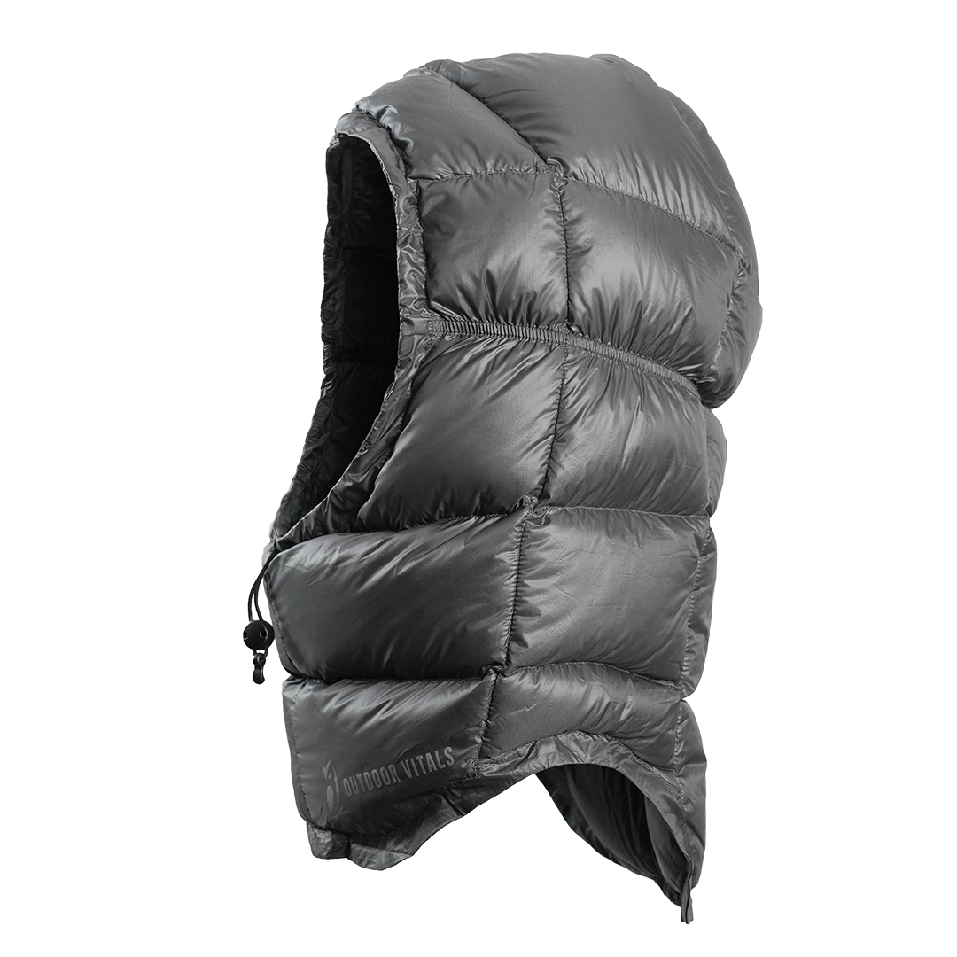 Side view of Outdoor Vitals down insulated balaclava with face opening.