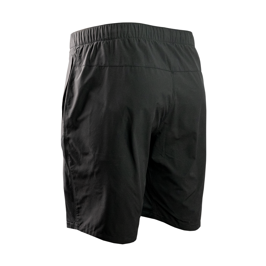 Angled rear view of men's hiking shorts