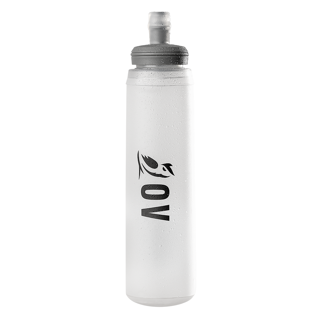 Full view of the Outdoor Vitals branded HydraPak soft flask designed for the Skyline 30 Fastpack shoulder harness pockets, featuring a bite valve top.