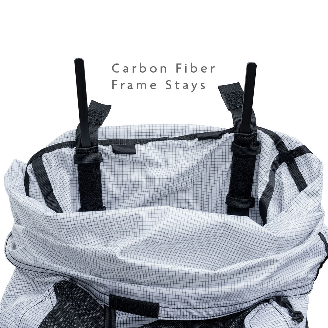 Inside view of backpack showing integrated carbon fiber frame stays for load support.