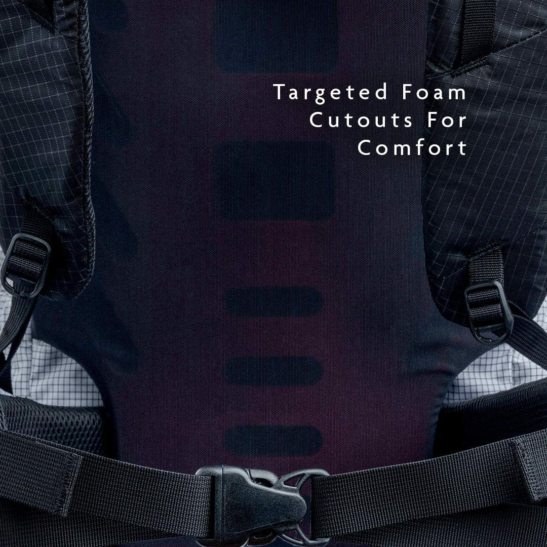 Back panel of backpack showing targeted foam cutouts for comfort and ventilation.