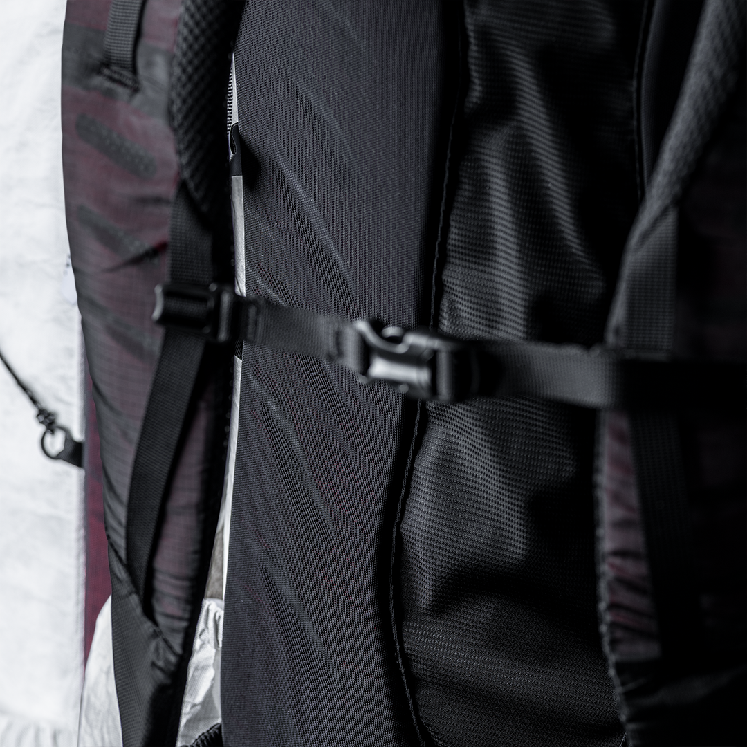 close view of back panel and sternum strap on ultralight backpack