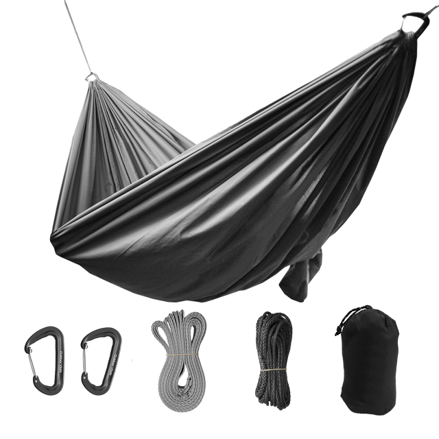 Outdoor Vitals Ultralight Complete Hammock System laid out showing the main hammock, suspension straps, ridgeline, carabiners, and stuff sack.