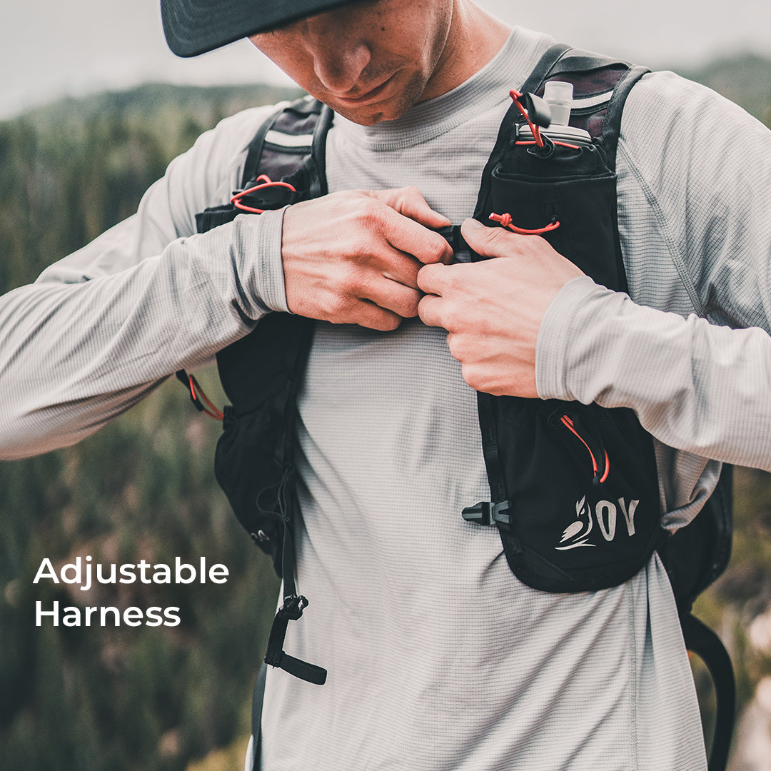 close view of hiker adjusting chest harness of technical backpack. Text on screen says, "Adjustable Harness."