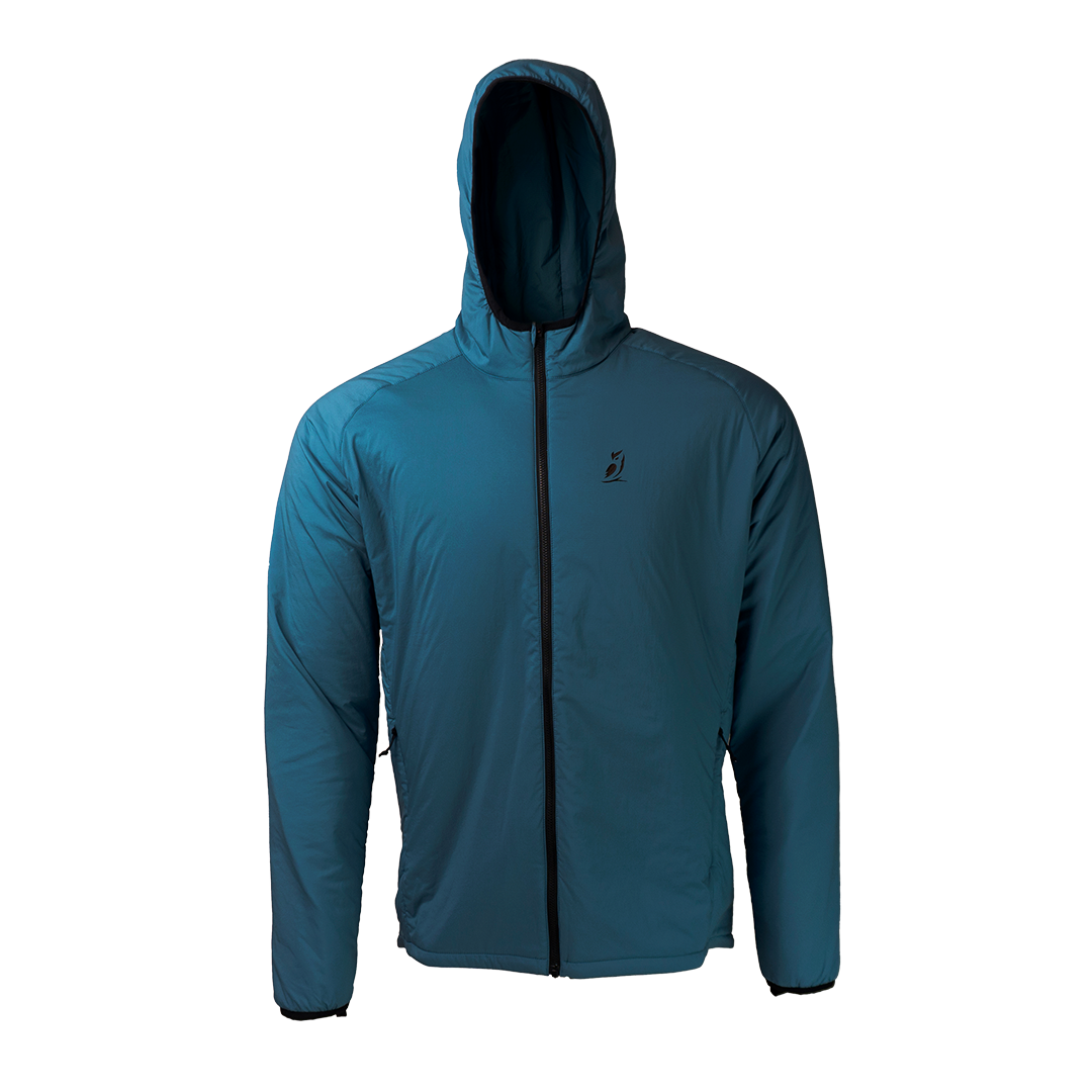 front view of men's full zip hooded jacket for backpacking