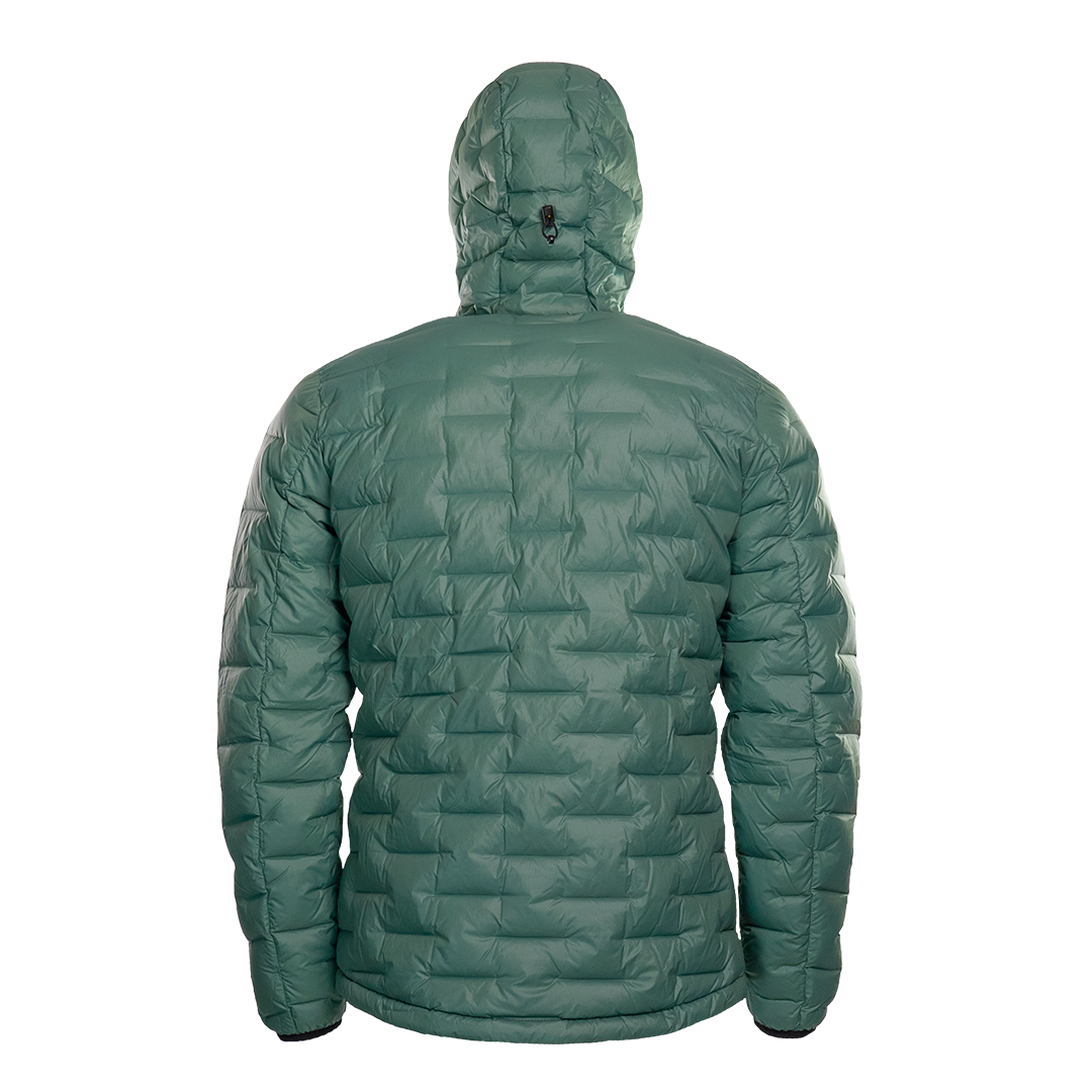 Rear view of a Outdoor Vitals insulated hooded jacket, featuring quilted baffles