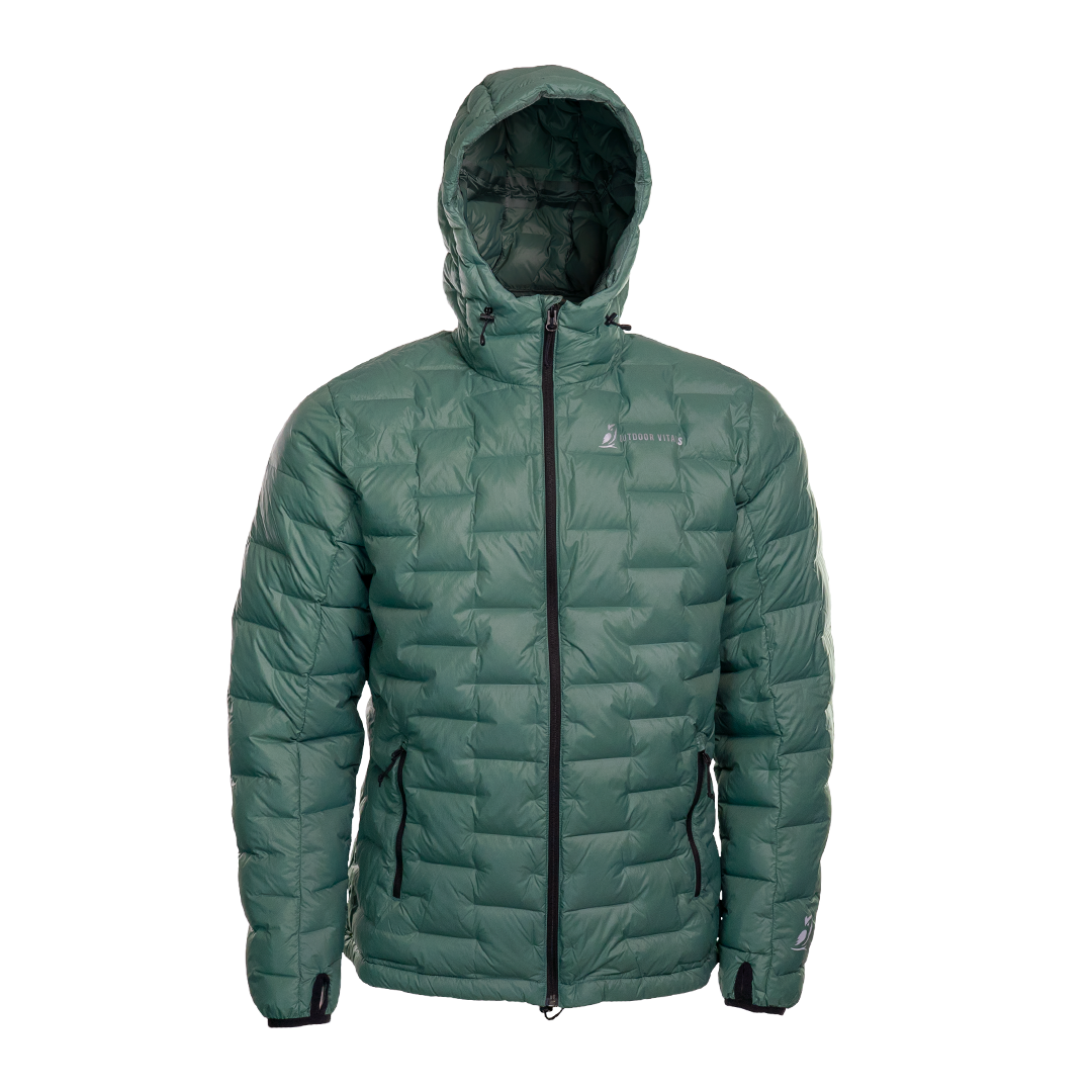 A NovaPro men's down jacket with a hood, featuring a zipper front and quilted design warmth.