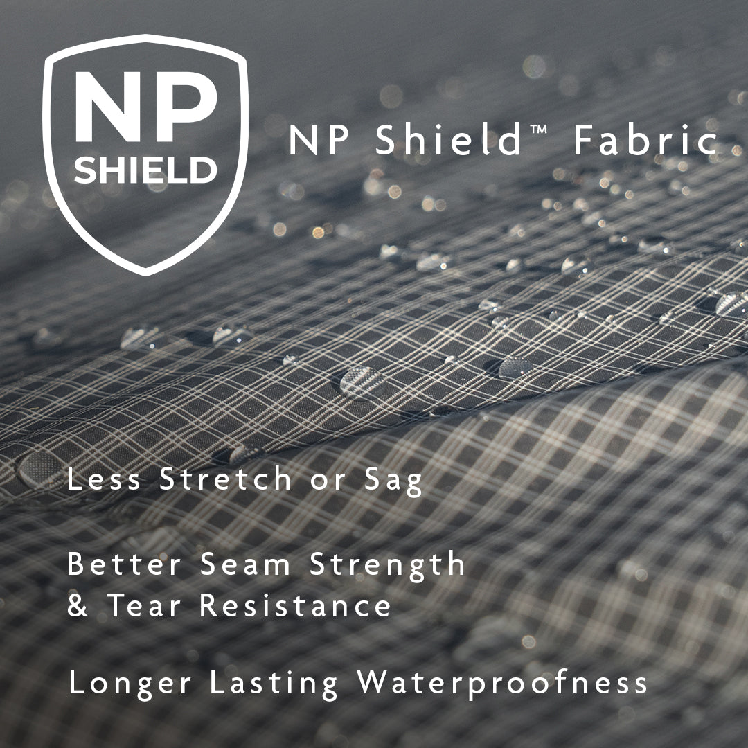 NP Shield fabric with water droplets and text highlighting features