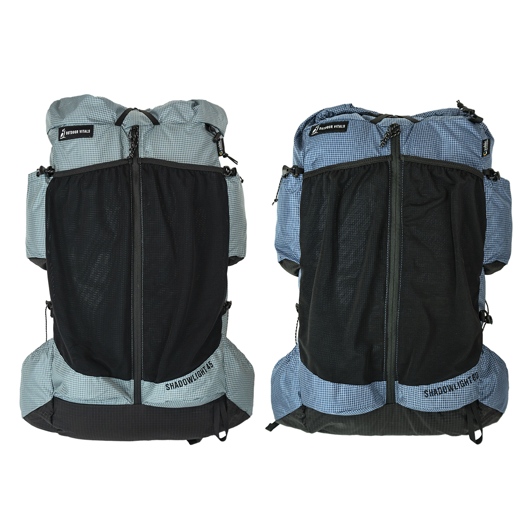 Pair of Shadowlight Ultralight Backpacks highlighting the mesh pockets and zipper details
