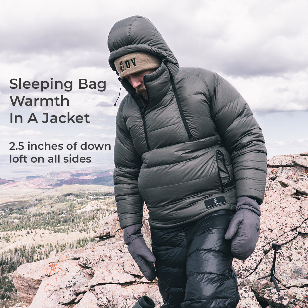 A man wearing a dark gray puffer jacket with a hood, black puffer pants, and gloves, standing on rocky outdoor terrain under a cloudy sky. Text on the left reads 'Sleeping Bag Warmth In A Jacket' and '2.