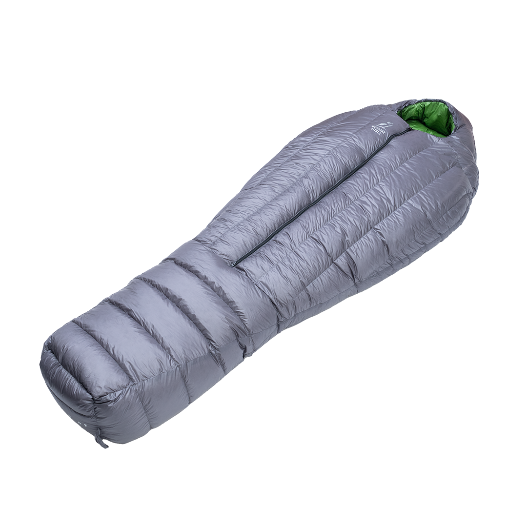 angled view of 0 degree down sleeping bag with center zipper