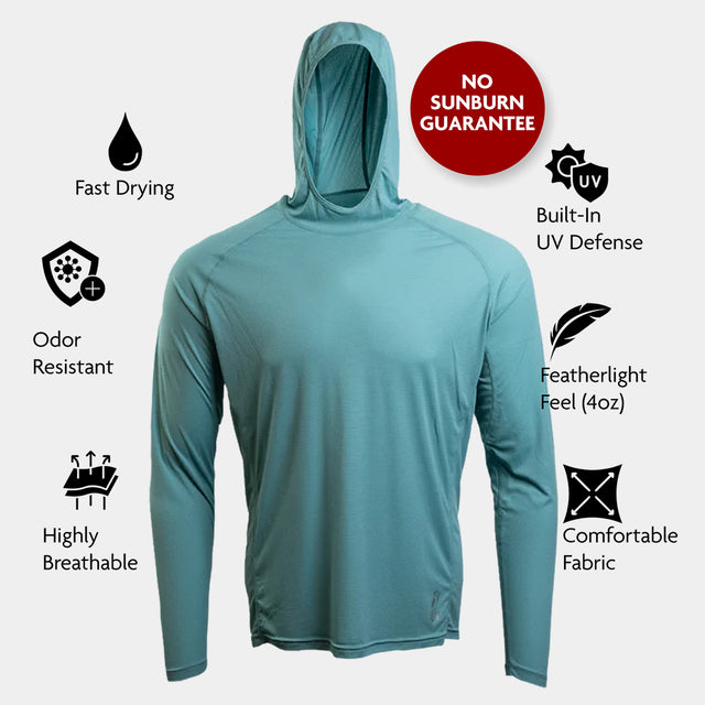 Turquoise- Long-sleeve hoodie with sun protection features on a white background