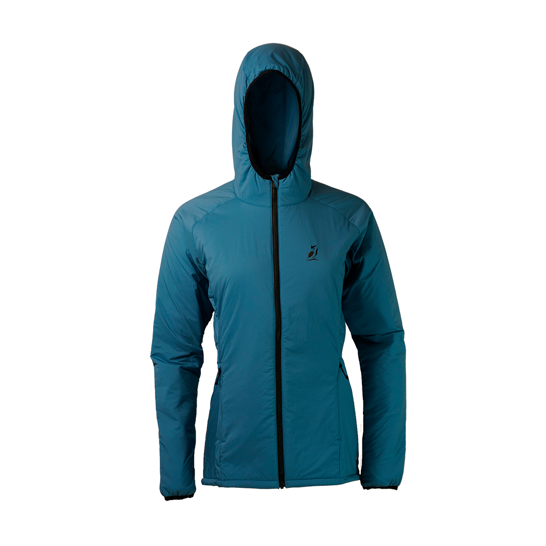 front view of women's full zip hooded jacket for backpacking