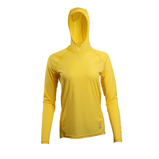 Yellow Ultralight synthetic women's hoodie with a hood, displaying true flat-lock seams and a minimal clean collar.