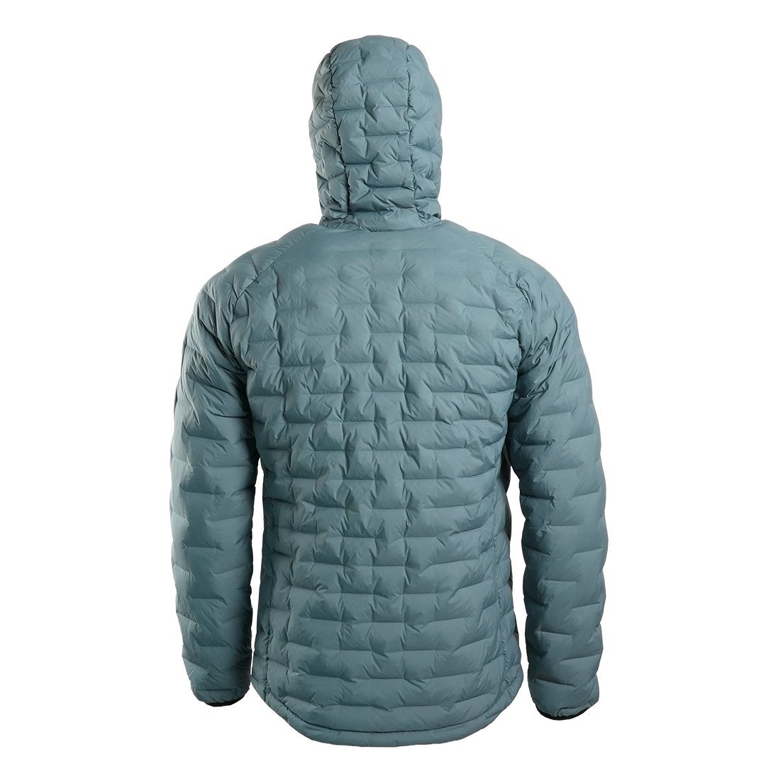 Back view of Outdoor Vitals Zulu Down Jacket showing quilted baffle pattern and lightweight insulated hood.