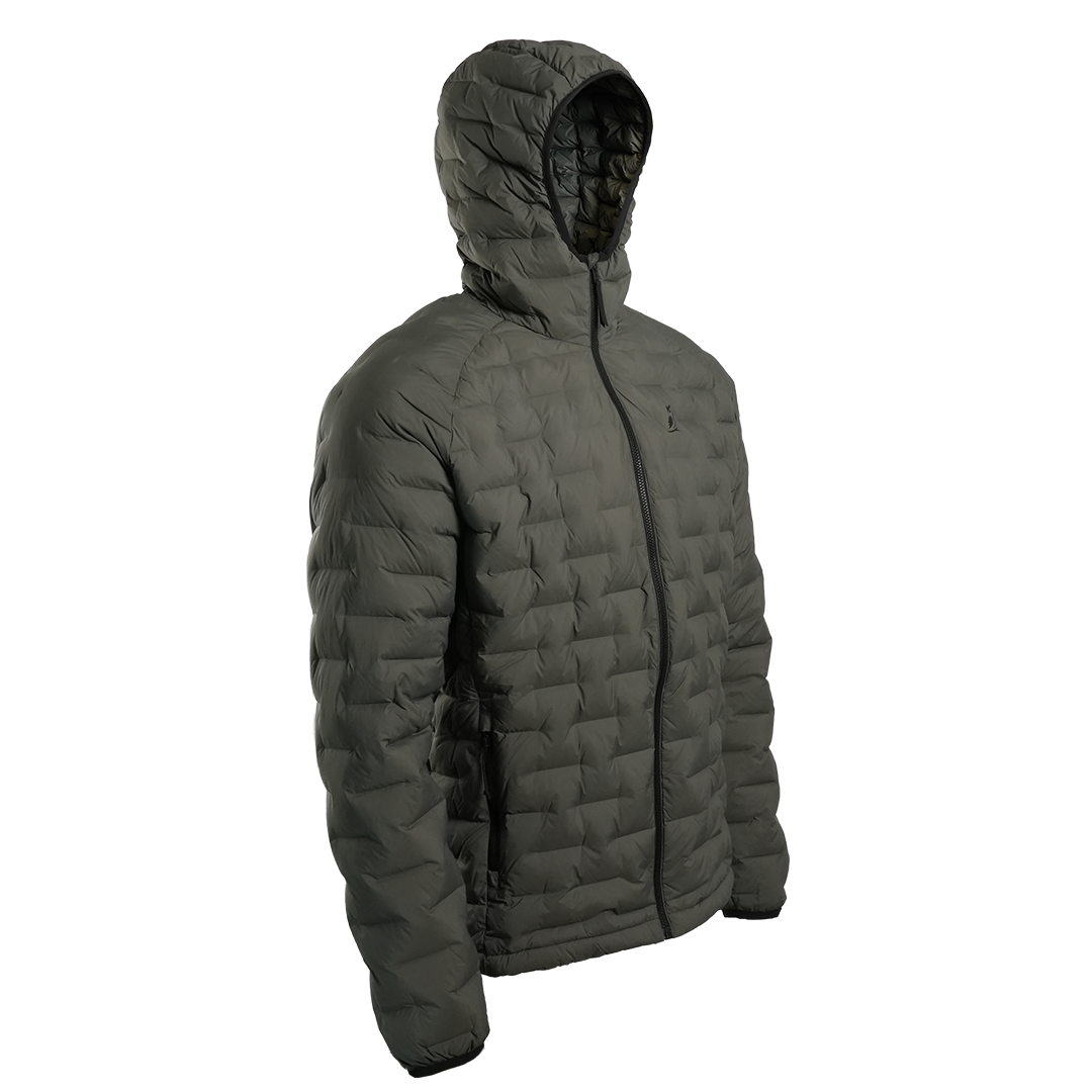 Outdoor Vitals Zulu Down Jacket angled right, ultralight packable down insulation with hood for cold-weather backpacking.