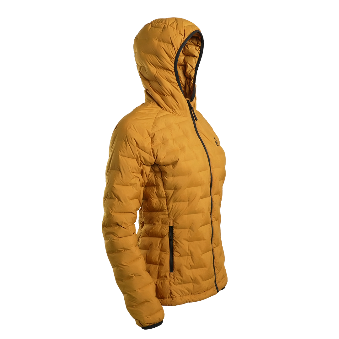 Outdoor Vitals Women’s Zulu Down Jacket in – 45-degree right angle displaying athletic cut, hood, and zippered hand pockets.