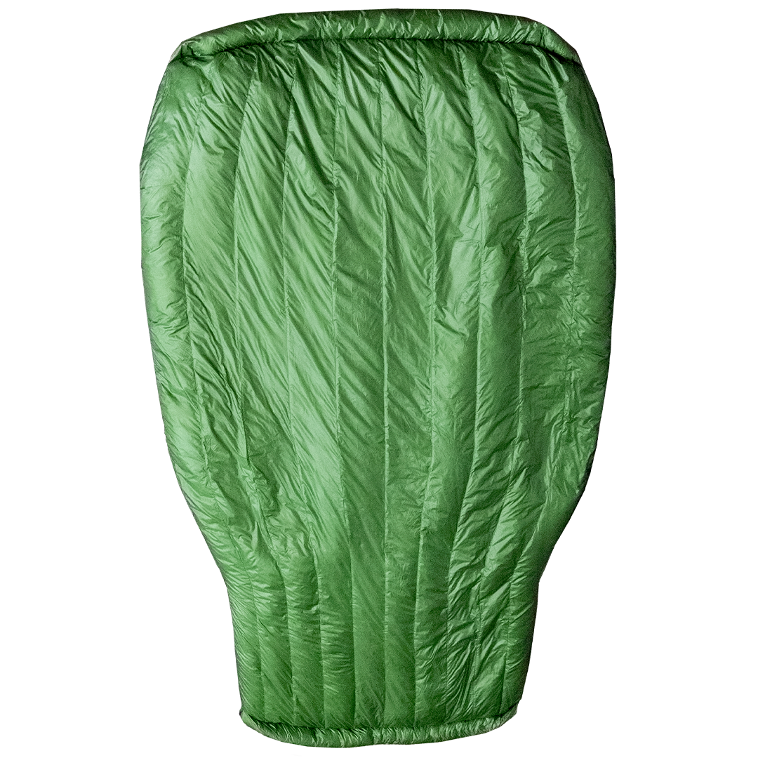 Top view of the Outdoor Vitals StormLoft Down UnderQuilt laid flat, showcasing its vertical baffles and differential cut design.