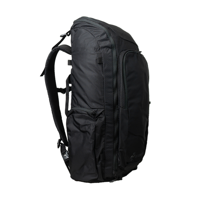 Side profile view of the Outdoor Vitals KotaUL Ultralight Travel & Adventure Backpack, showcasing the deep water bottle side pocket, zippered front access panel, and contoured shoulder strap system.