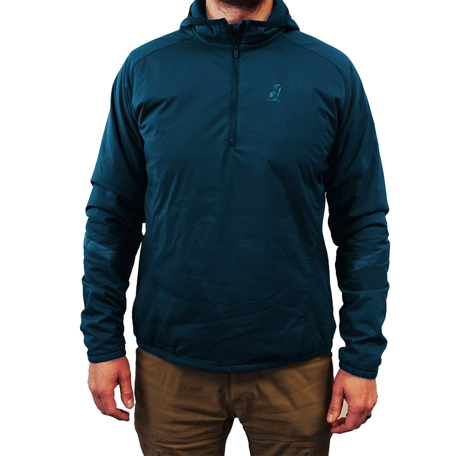 Close-up of a men's black lightweight half-zip hooded outdoor jacket.