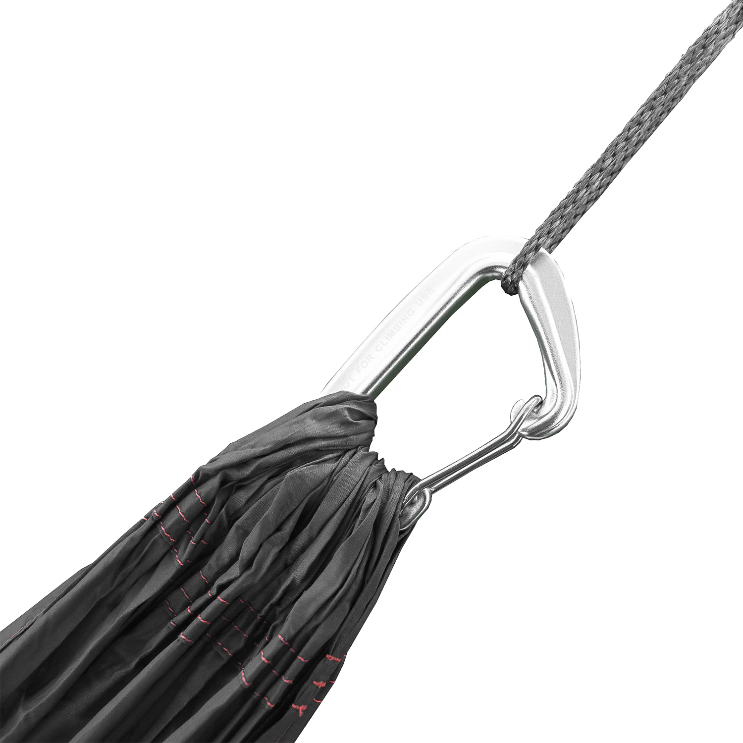 Close-up of an Outdoor Vitals hammock end connected to a carabiner and Whoopie Sling suspension line.