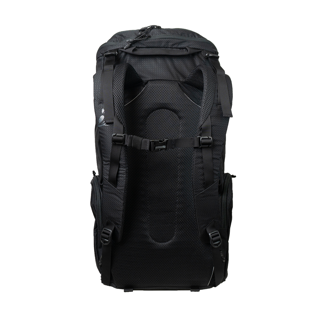 Rear view of the Outdoor Vitals KotaUL Ultralight Travel & Adventure Backpack back panel, displaying the padded breathable mesh harness system, dual load lifters, and sternum strap assembly.