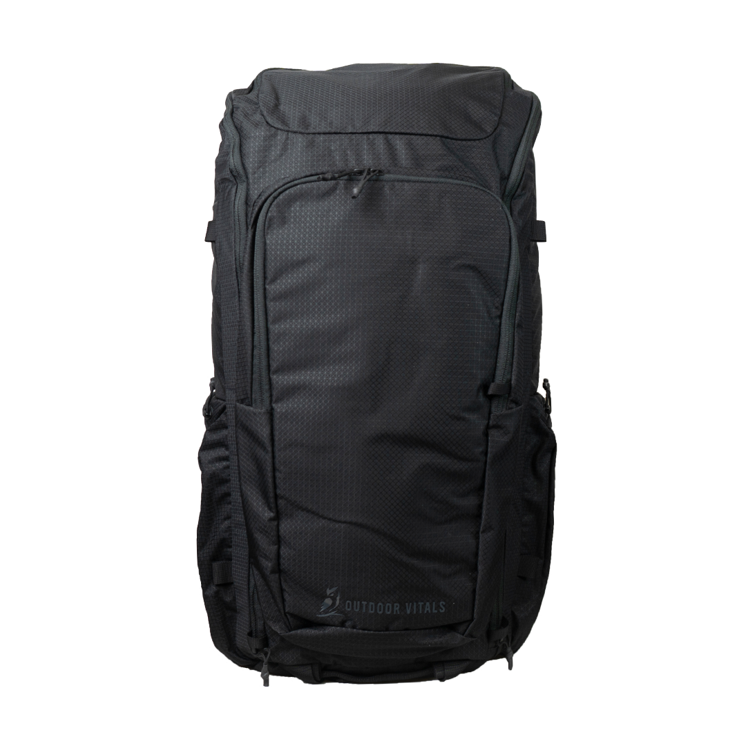 Front view of the Outdoor Vitals KotaUL Ultralight Travel & Adventure Backpack, displaying the large zippered front panel pocket, subtle lower logo branding, durable technical fabric, and side water bottle sleeves.