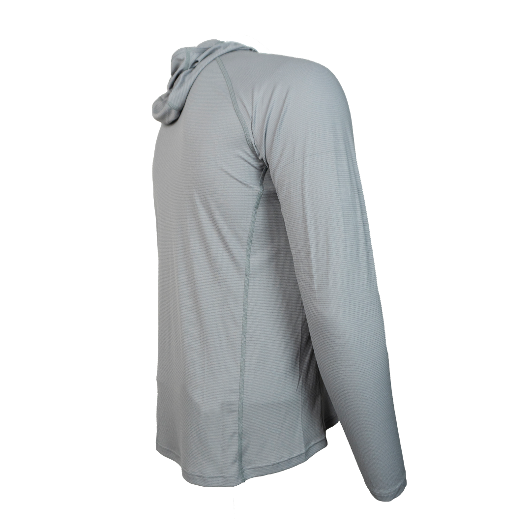 Gray Altitude Sun Hoodie rear turned view. Hoodie only.