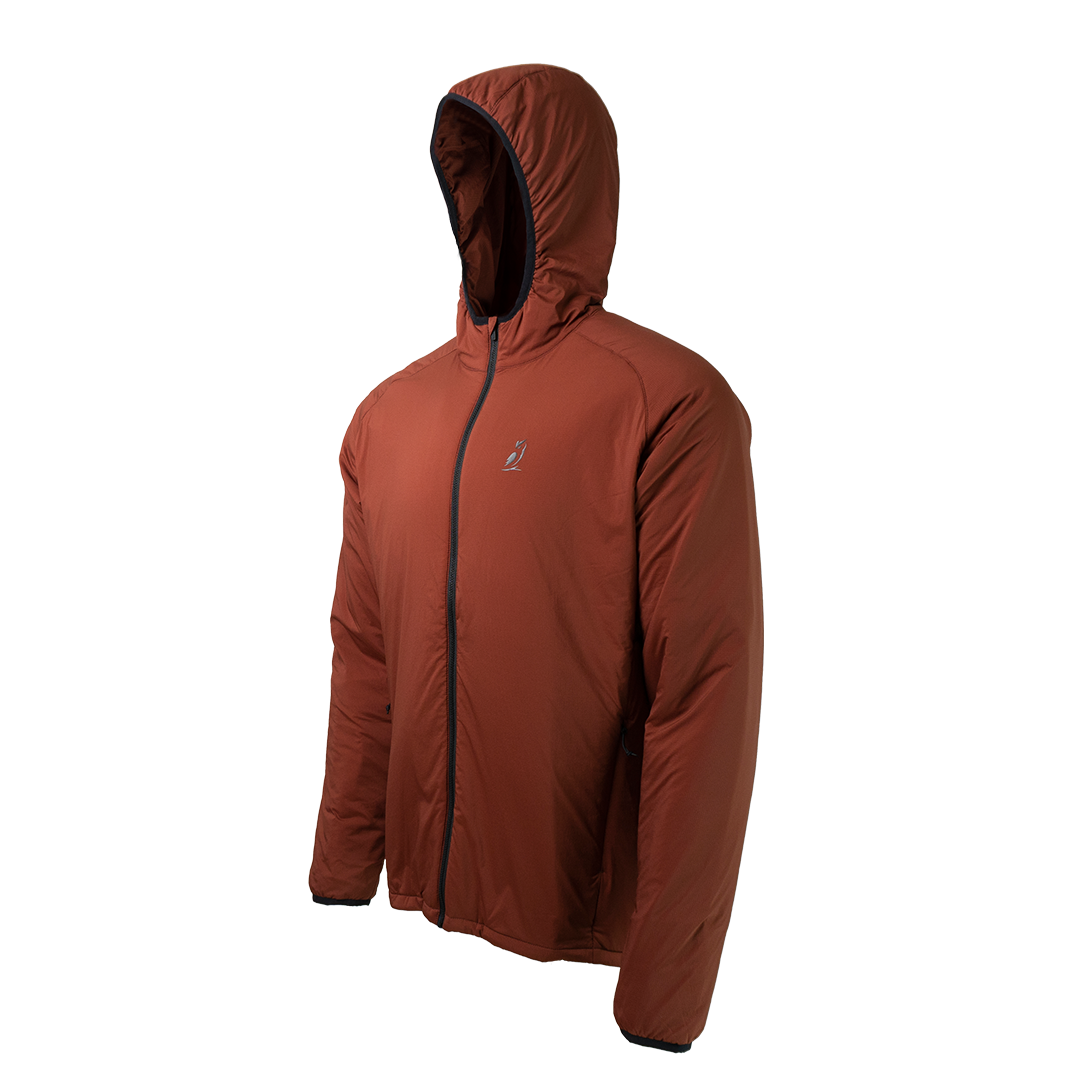 front angled view of the Outdoor Vitals Vario Jacket with the hood up