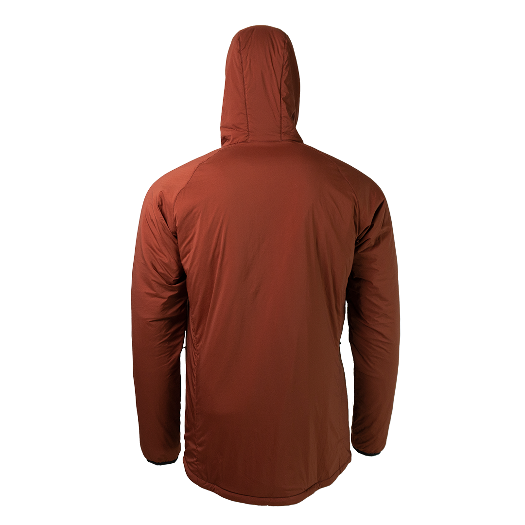 back view of the Outdoor Vitals Vario Jacket with the hood up