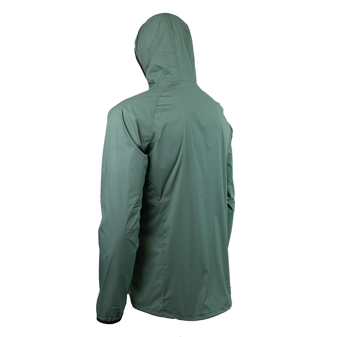 45 degree back left side view of windbreaker jacket for backpacking
