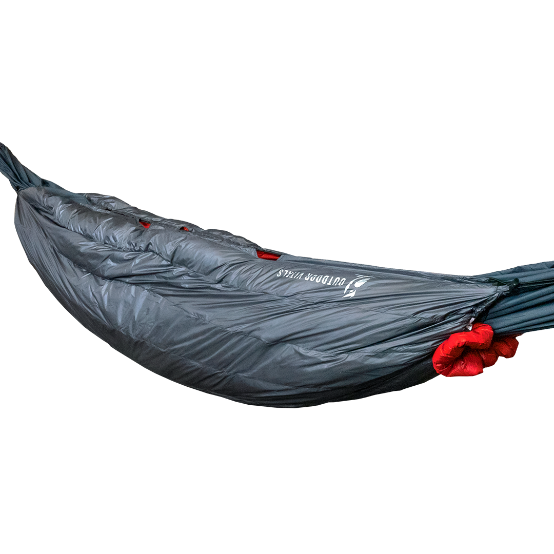 Outdoor Vitals StormLoft Down UnderQuilt mounted to a hammock.