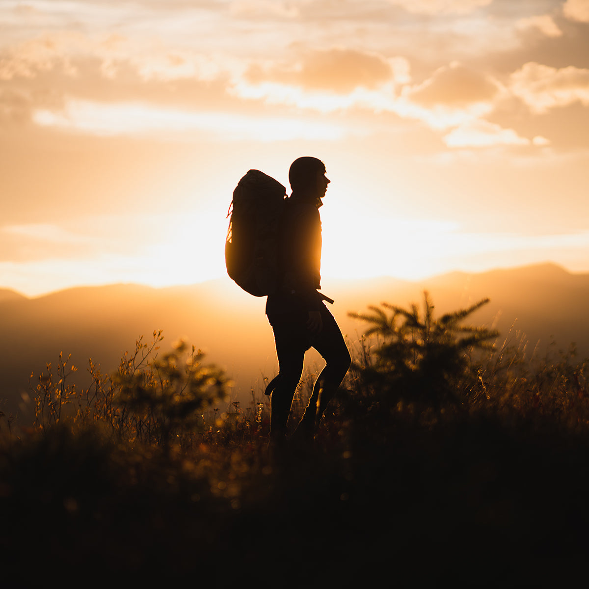Sunset scene with a traveler carrying the Shadowlight Ultralight Backpack
