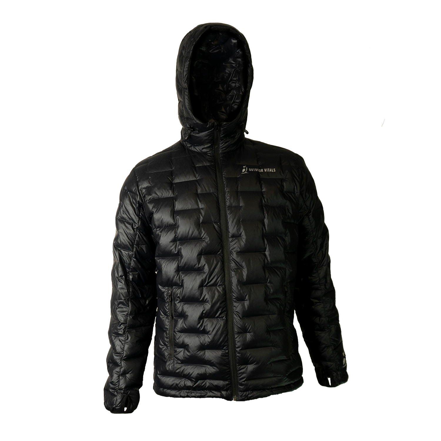 Front view of a Outdoor Vitals insulated hooded jacket, featuring quilted baffles and a full-length zipper.