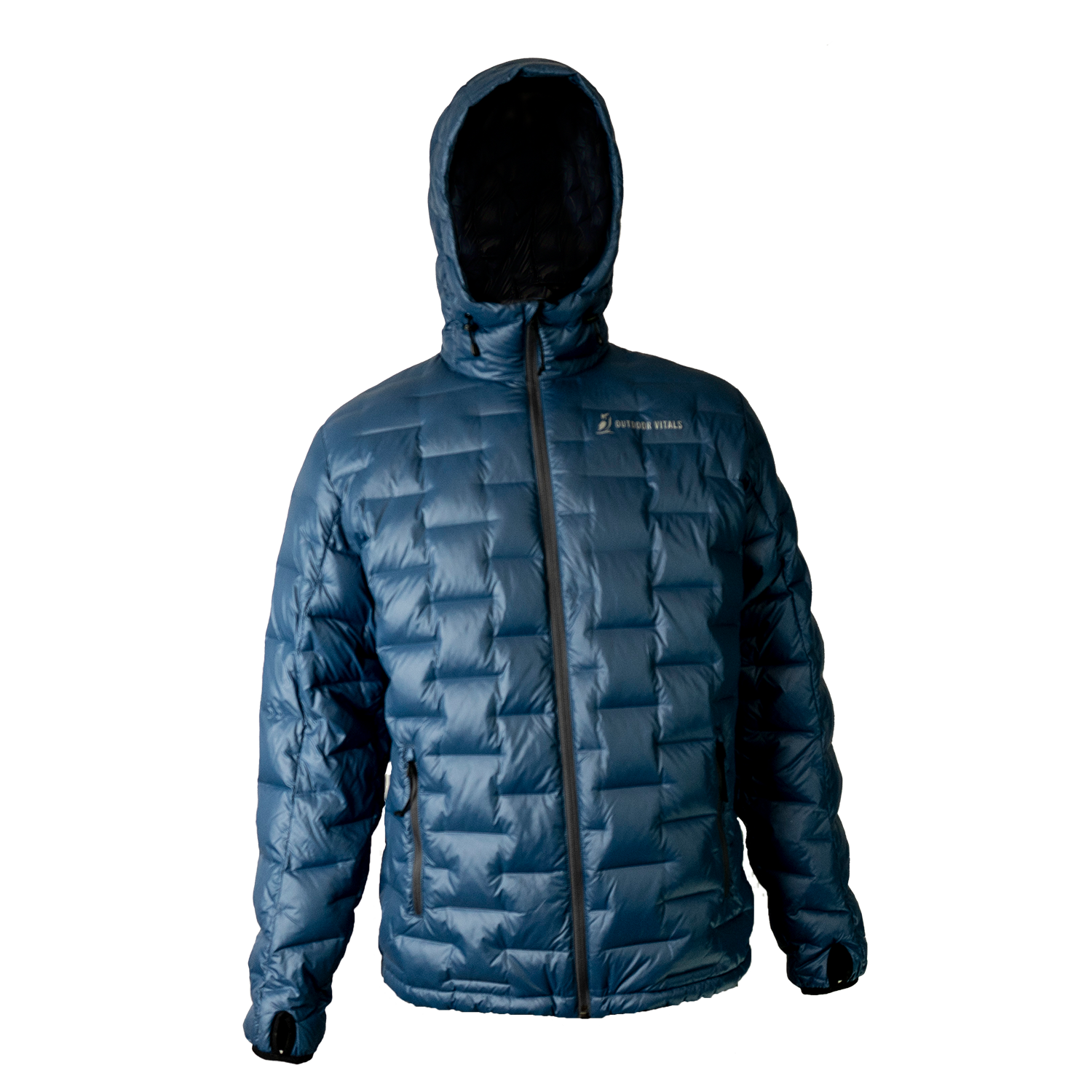Front view of a Outdoor Vitals insulated hooded jacket, featuring quilted baffles and a full-length zipper.