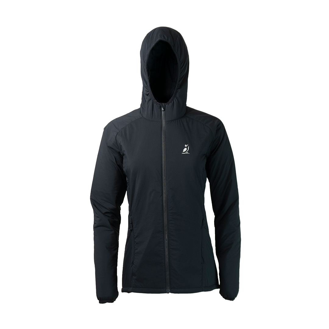 front view of women's full zip hooded jacket for backpacking