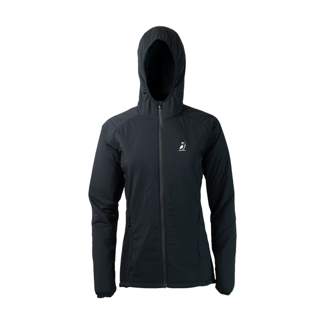 front view of women's full zip hooded jacket for backpacking