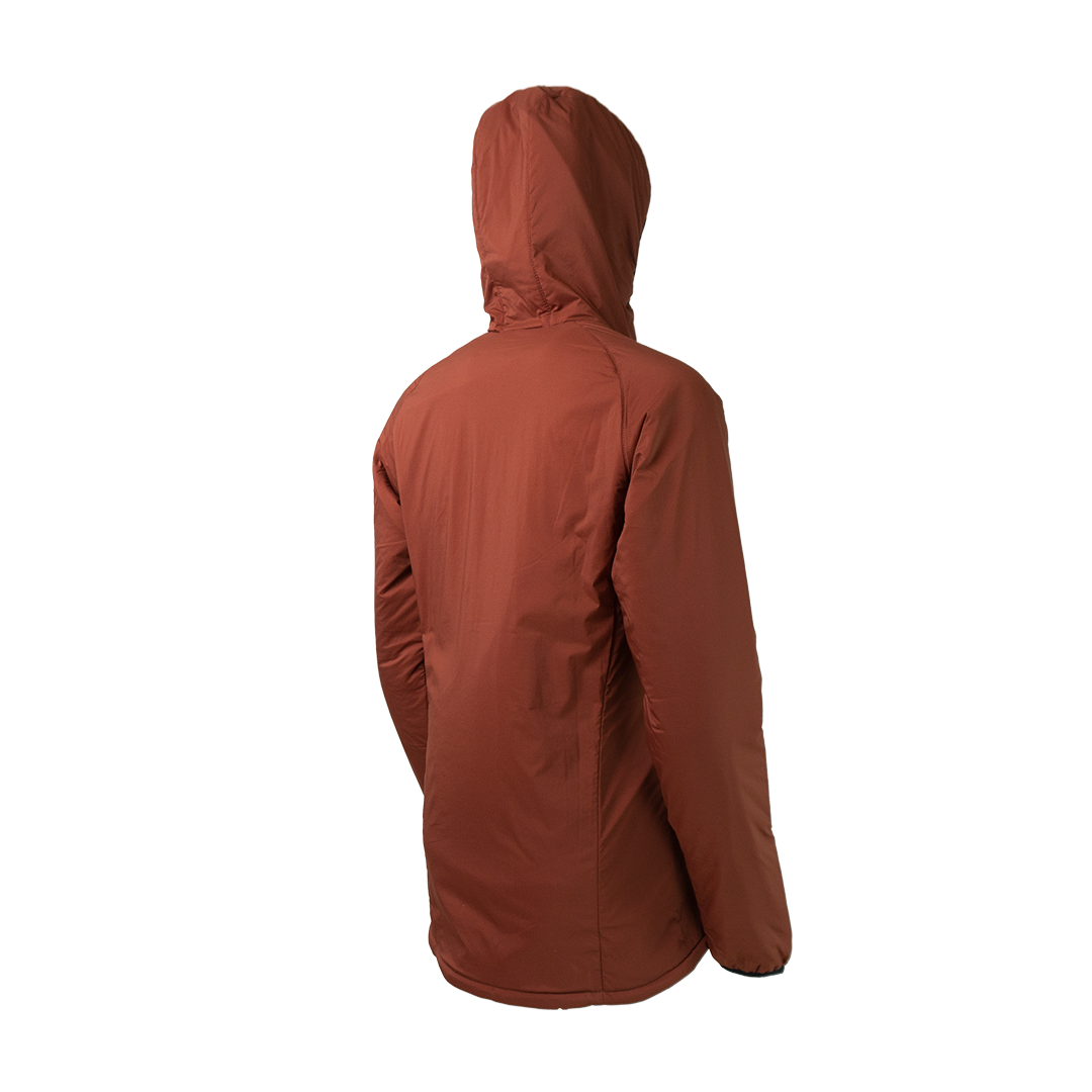 45 degree angle back left view of the hooded jacket