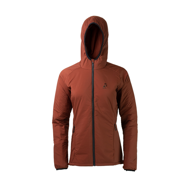 front view of women's full zip hooded jacket for backpacking