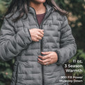 A woman wearing a dark gray quilted puffer jacket, shown from the chest down, with text overlays on the right detailing its features: '11 oz, 3 Season Warmth, 900 Fill Power Muscovy Down'.