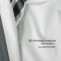 Close-up of a textured fabric garment and text reading '3D-Printed Interior less weight + no clammy feel'.
