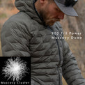 Man wearing insulated down jacket filled with 900 fill power Muscovy down, shown with close-up of down cluster for maximum warmth-to-weight performance.