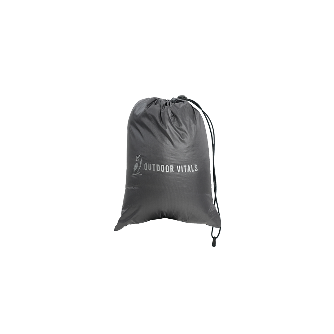 Compressed Outdoor Vitals down insulated ultralight balaclava in stuff sack.
