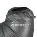 Ultralight down camp booties with elastic ankle cuff and Outdoor Vitals logo close-up