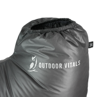 Ultralight down camp booties with elastic ankle cuff and Outdoor Vitals logo close-up
