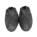 Pair of ultralight down camp booties front view with elastic ankle opening