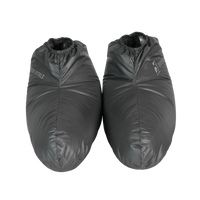 Pair of ultralight down camp booties front view with elastic ankle opening