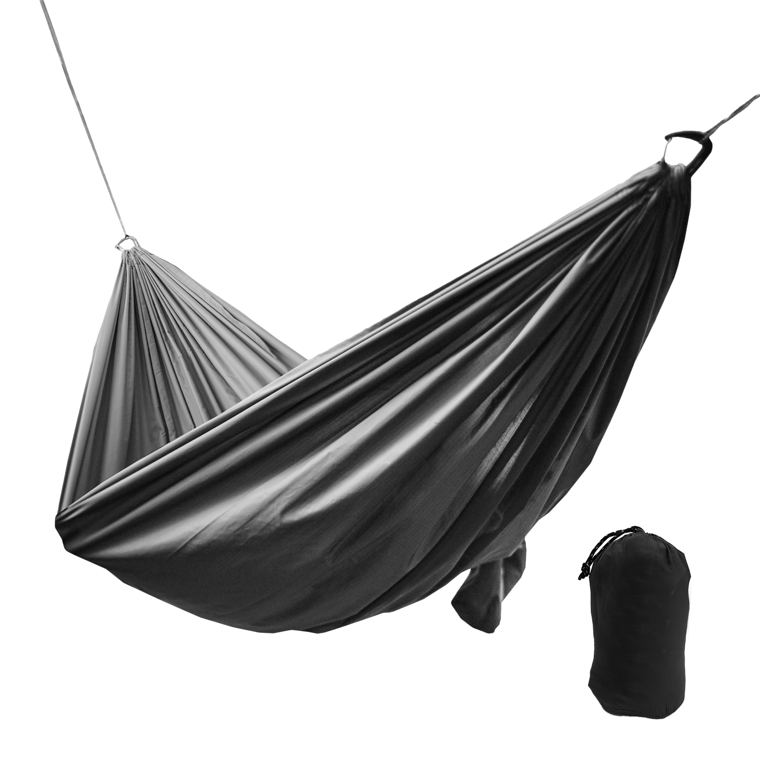 Outdoor Vitals Ultralight Complete Hammock suspended with attached structural ridgeline alongside its included stuff sack.